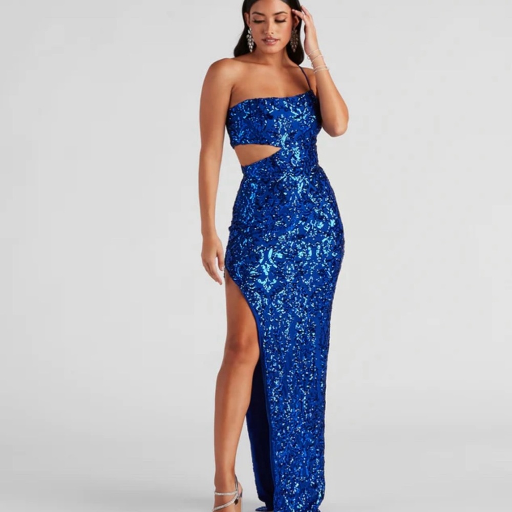 Blue sequin prom dress with side cut out